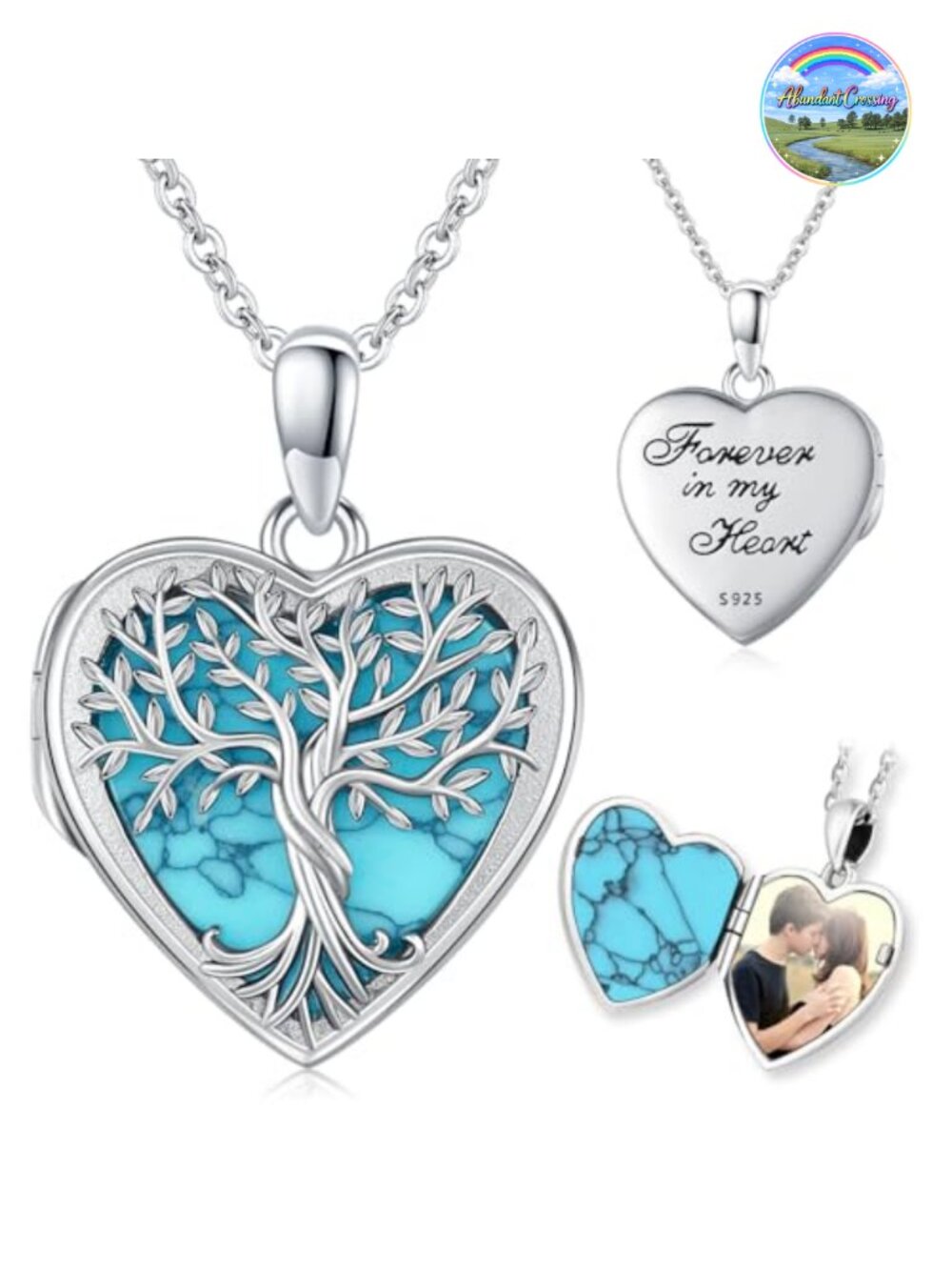 Sterling Silver Tree of Life Locket Necklace with Turquoise - 20 Inch Chain